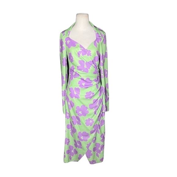 NWOT ASOS Design 70s Drape Front Wrap Midi Dress Green/Lilac Floral – Sz 4 - Picture 1 of 9